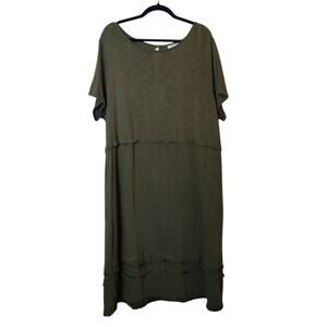 J.Jill Olive Green Short Sleeve Slub Knit Fringe T Shirt Midi Dress 2X Lagenlook